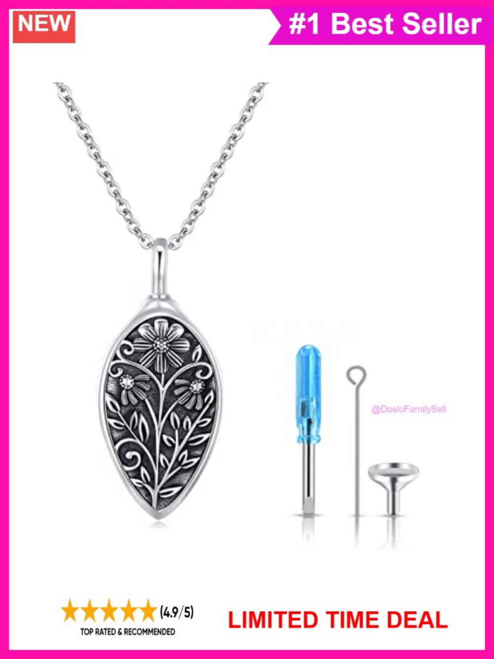 925 Sterling Silver Daisy Urn Necklace "Always In My Heart" Pendant